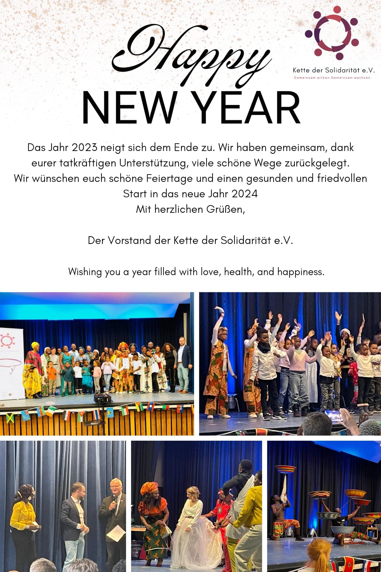 Neujahrsgruß-Collage der Kette der Solidarität e.V. 2023/24 mit Vereinslogo und Fotos der ersten Veranstaltung
